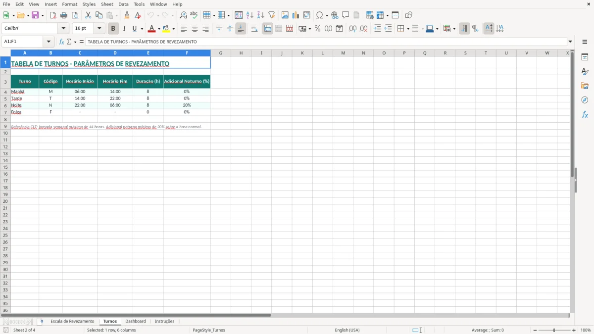 Captura 2: aba Turnos - Planilha Excel controle de escala de revezamento excel