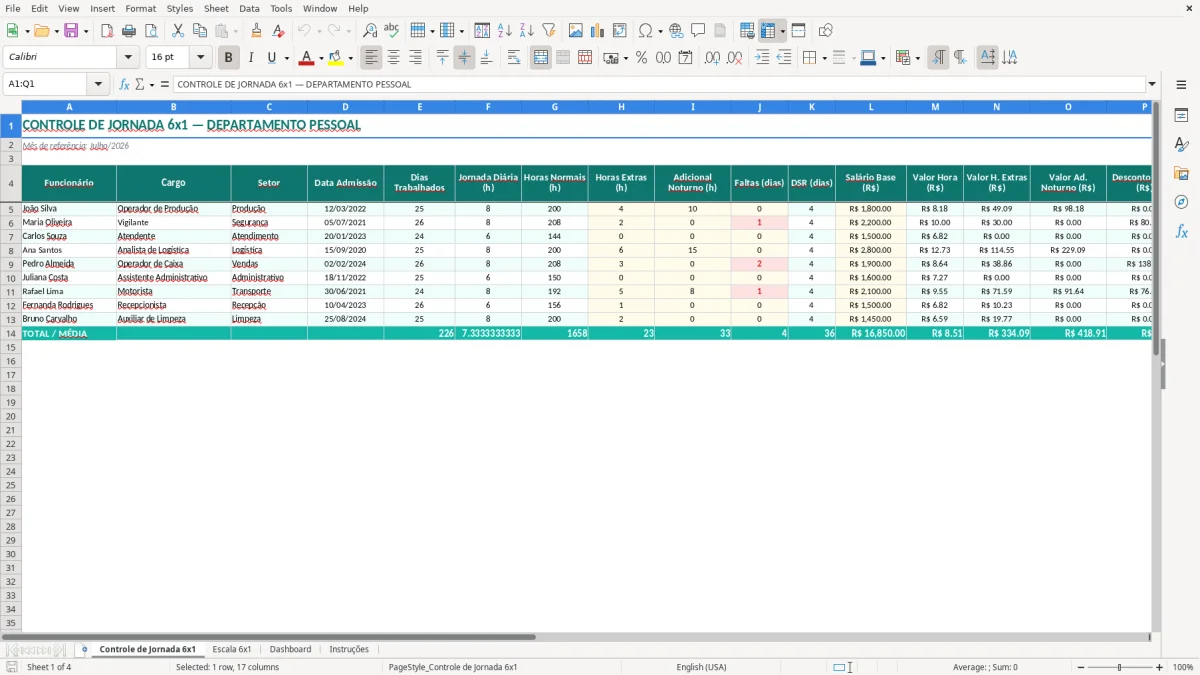 Captura 1: aba Controle de Jornada 6x1 - Planilha Excel controle de jornada 6x1 excel