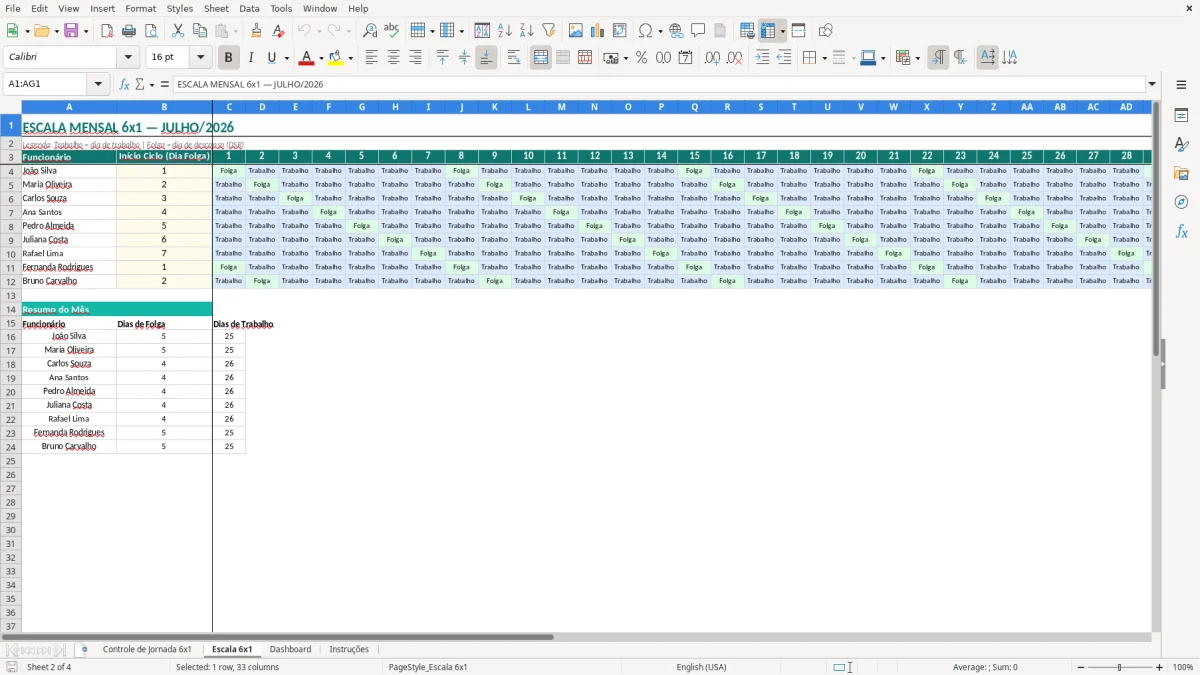 Captura 2: aba Escala 6x1 - Planilha Excel controle de jornada 6x1 excel