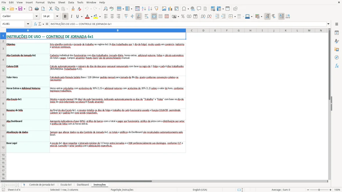 Captura 4: aba Instruções - Planilha Excel controle de jornada 6x1 excel