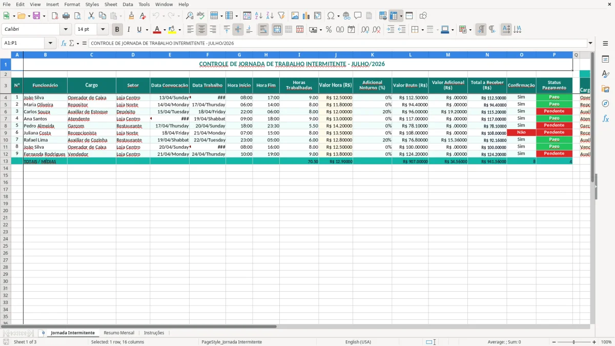 Captura 1: aba Jornada Intermitente - Planilha Excel controle de jornada de trabalho intermitente excel