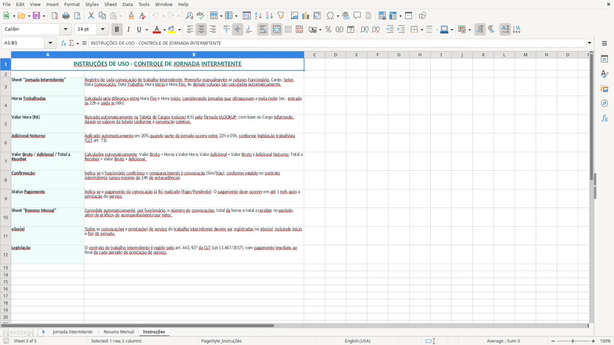 Captura 3: aba Instruções - Planilha Excel controle de jornada de trabalho intermitente excel