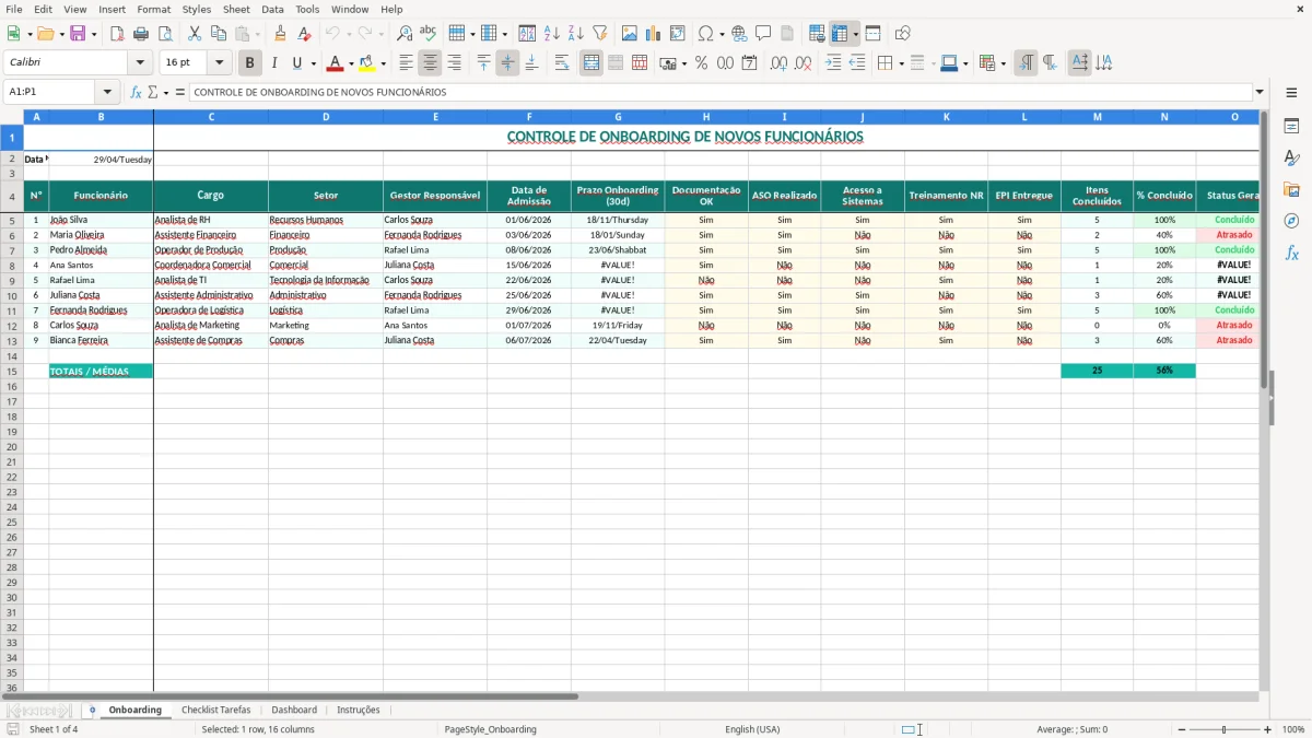 Captura 1: aba Onboarding - Planilha Excel controle de onboarding de novos funcionarios excel