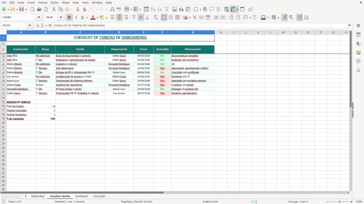 Captura 2: aba Checklist Tarefas - Planilha Excel controle de onboarding de novos funcionarios excel