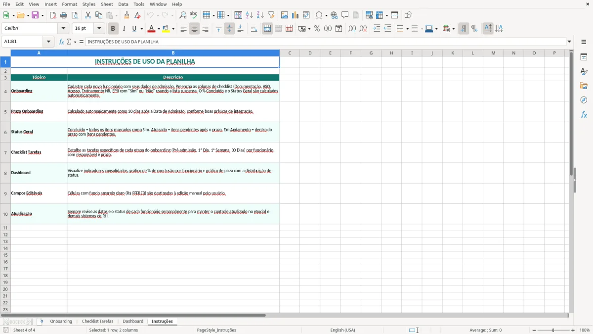Captura 4: aba Instruções - Planilha Excel controle de onboarding de novos funcionarios excel