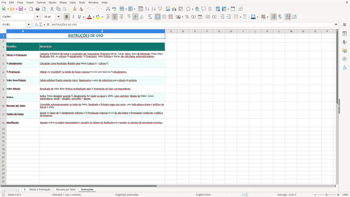 Captura 3: aba Instruções - Planilha Excel controle de premiacao por metas excel