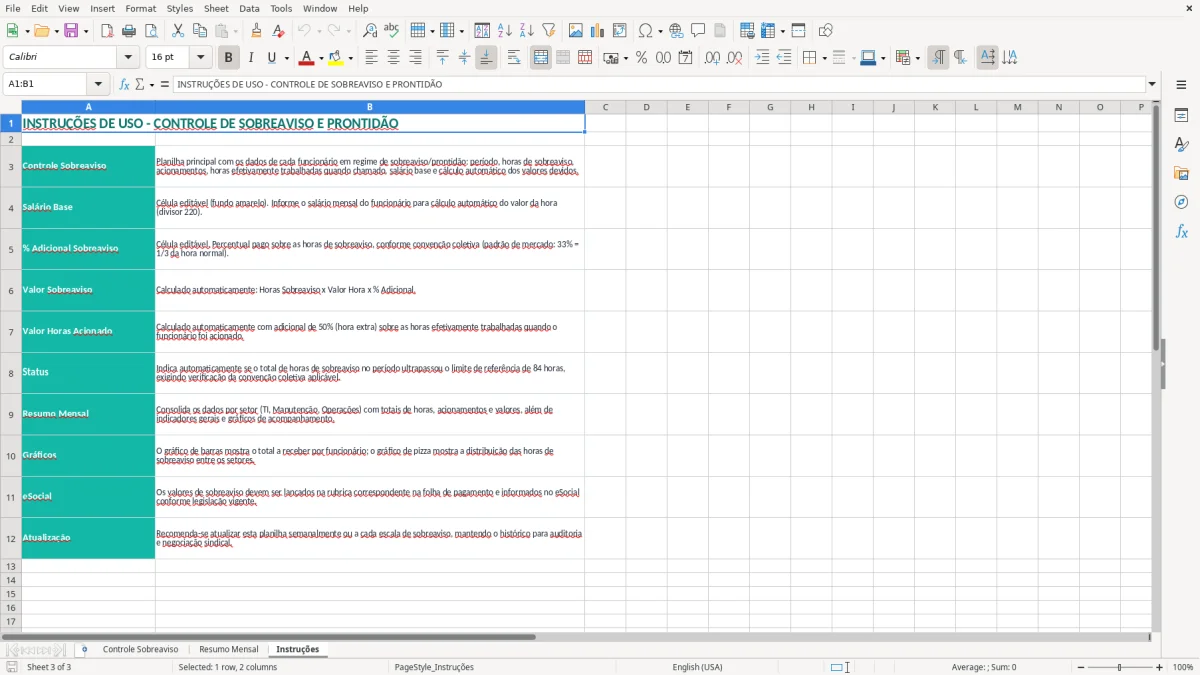 Captura 3: aba Instruções - Planilha Excel controle de sobreaviso e prontidao excel