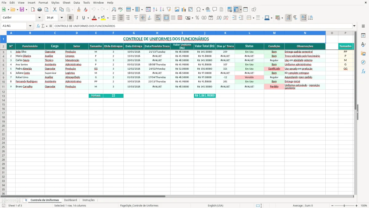 Captura 1: aba Controle de Uniformes - Planilha Excel controle de uniformes dos funcionarios excel