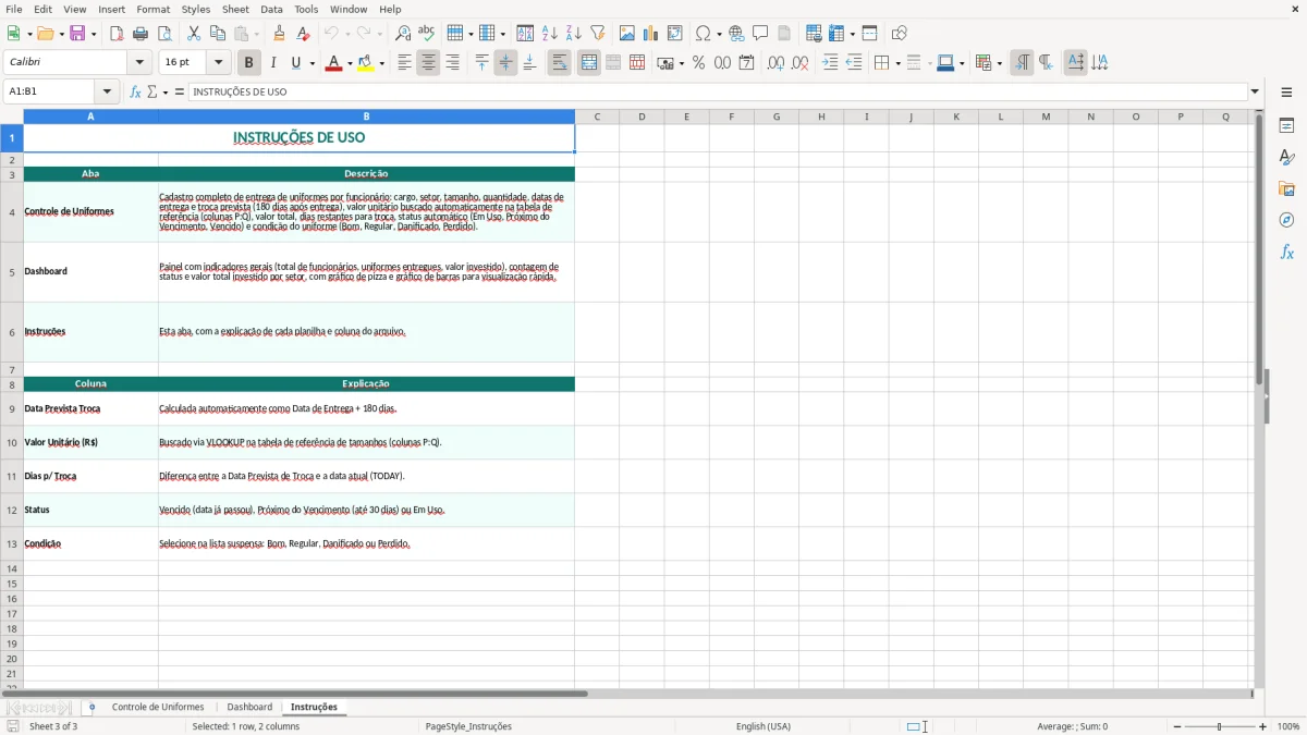 Captura 3: aba Instruções - Planilha Excel controle de uniformes dos funcionarios excel