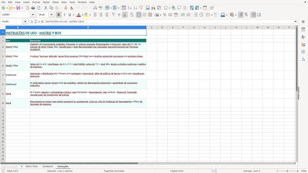 Captura 3: aba Instruções - Planilha Excel matriz 9 box de avaliacao de talentos excel