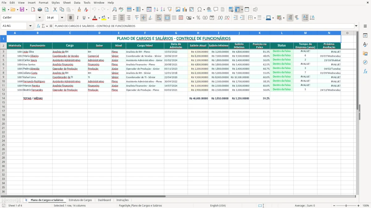 Captura 1: aba Plano de Cargos e Salários - Planilha Excel planilha de plano de cargos e salarios excel
