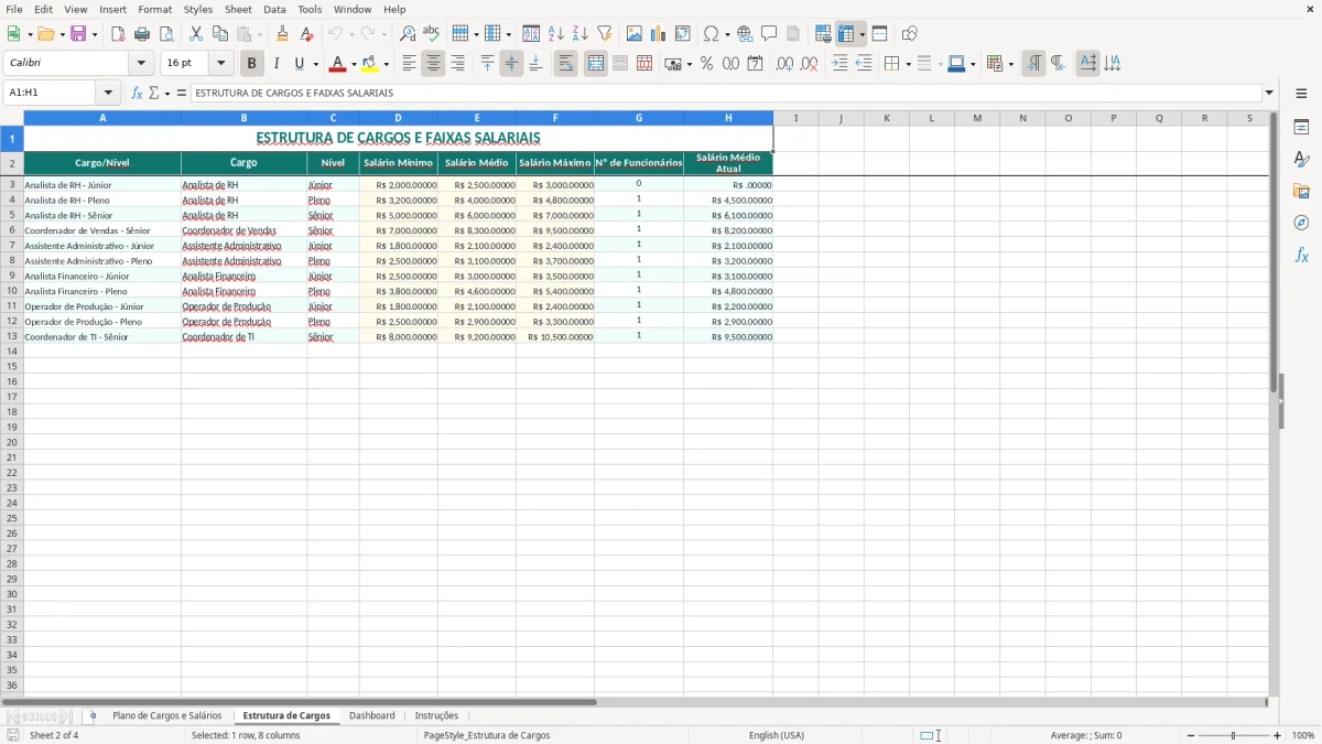 Captura 2: aba Estrutura de Cargos - Planilha Excel planilha de plano de cargos e salarios excel