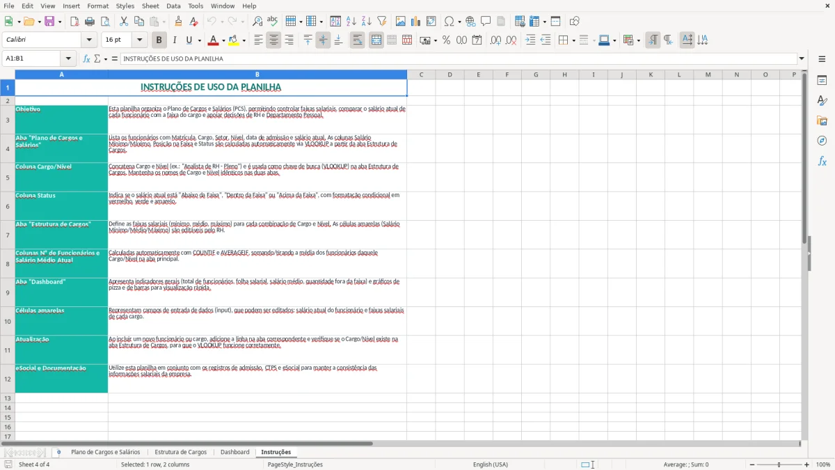 Captura 4: aba Instruções - Planilha Excel planilha de plano de cargos e salarios excel