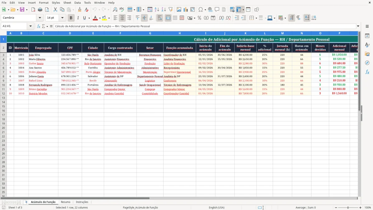 Captura 1: aba Acúmulo de Função - Planilha Excel calculo de adicional por acumulo de funcao excel