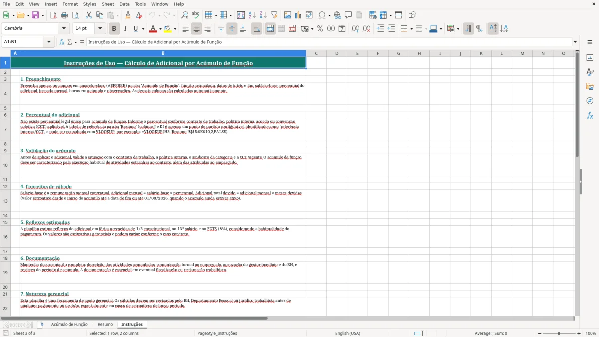 Captura 3: aba Instruções - Planilha Excel calculo de adicional por acumulo de funcao excel