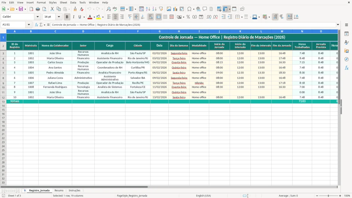 Captura 1: aba Registro_Jornada - Planilha Excel controle de jornada home office excel