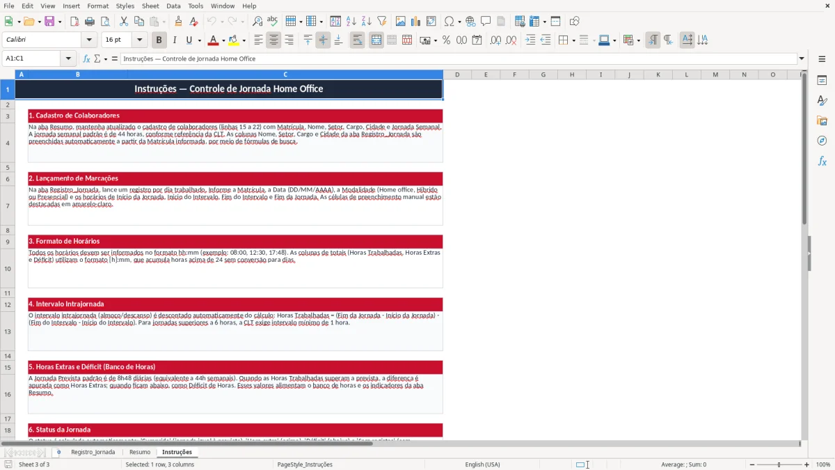 Captura 3: aba Instruções - Planilha Excel controle de jornada home office excel