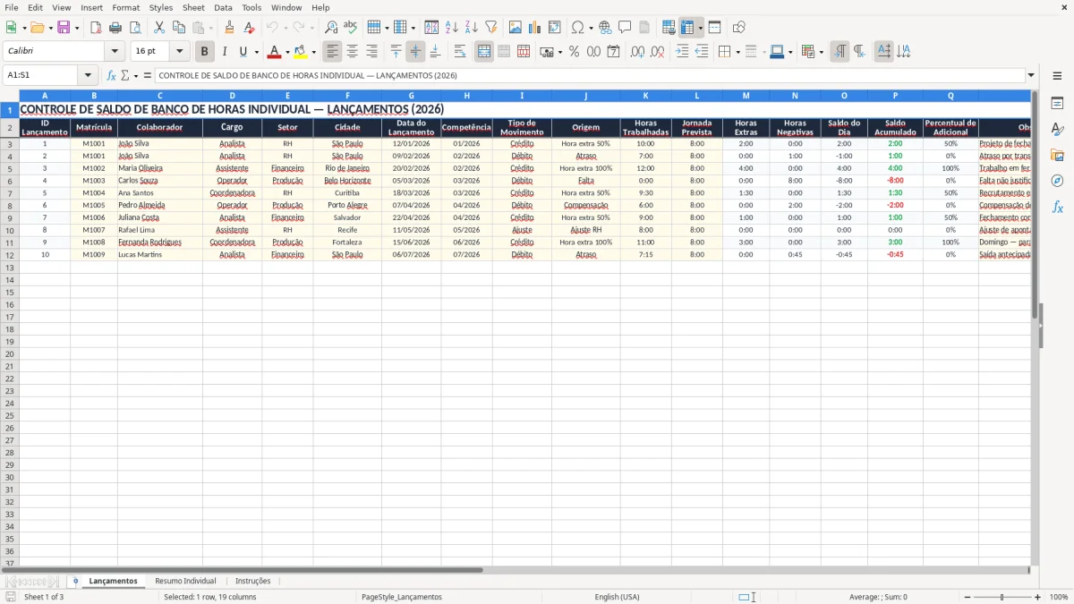 Captura 1: aba Lançamentos - Planilha Excel controle de saldo de banco de horas individual excel