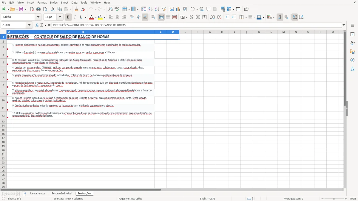 Captura 3: aba Instruções - Planilha Excel controle de saldo de banco de horas individual excel