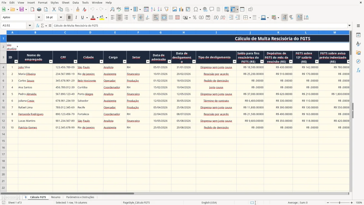 Captura 1: aba Cálculo FGTS - Planilha Excel planilha de calculo de multa do fgts excel