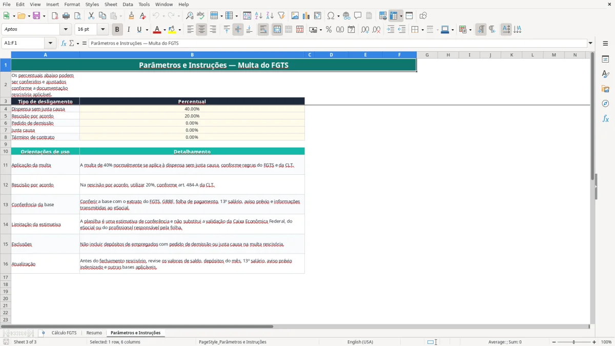 Captura 3: aba Parâmetros e Instruções - Planilha Excel planilha de calculo de multa do fgts excel