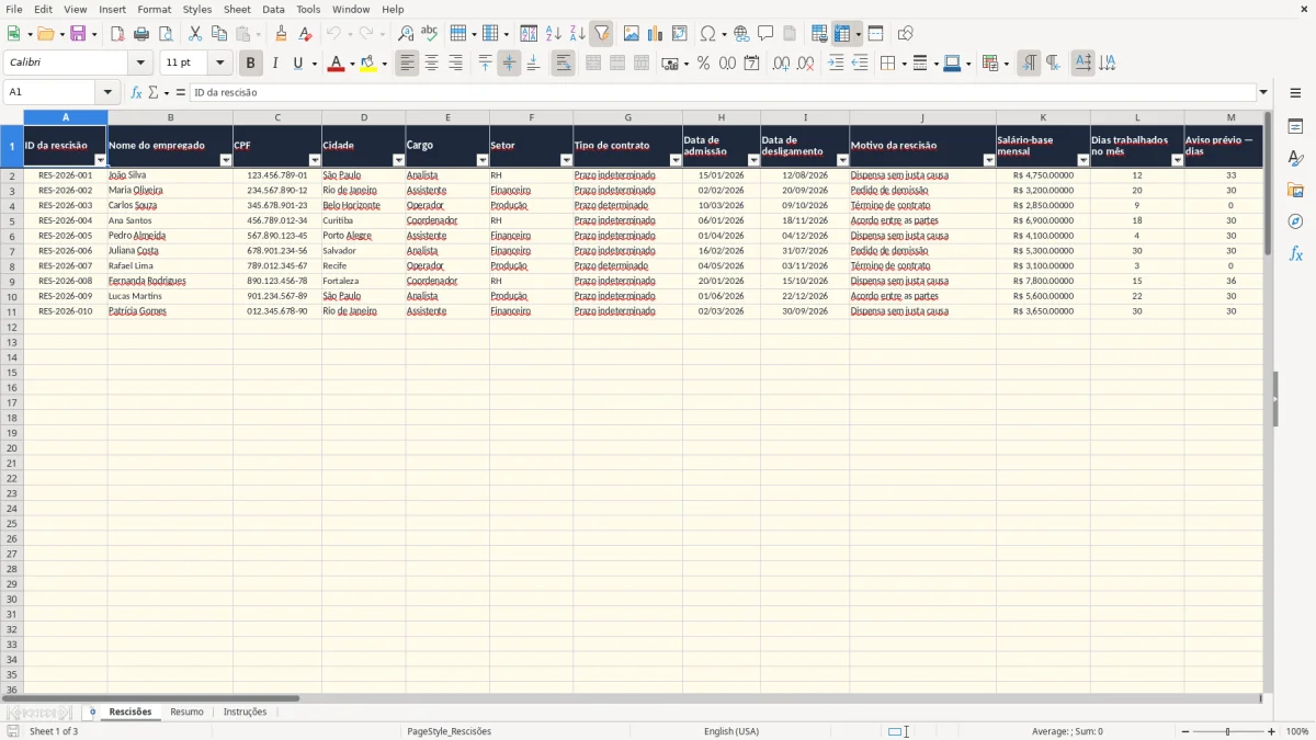 Captura 1: aba Rescisões - Planilha Excel planilha de quitacao de verbas rescisorias excel