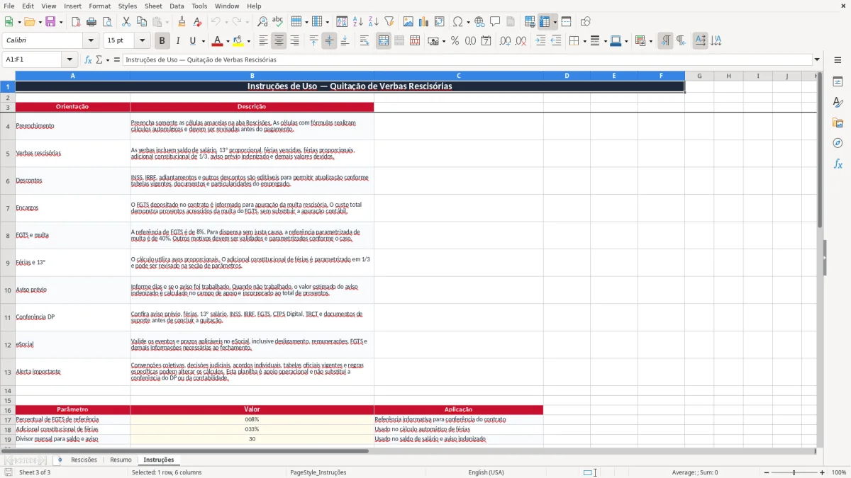 Captura 3: aba Instruções - Planilha Excel planilha de quitacao de verbas rescisorias excel