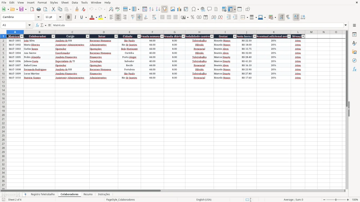 Captura 2: aba Colaboradores - Planilha Excel registro de teletrabalho e controle de horas excel