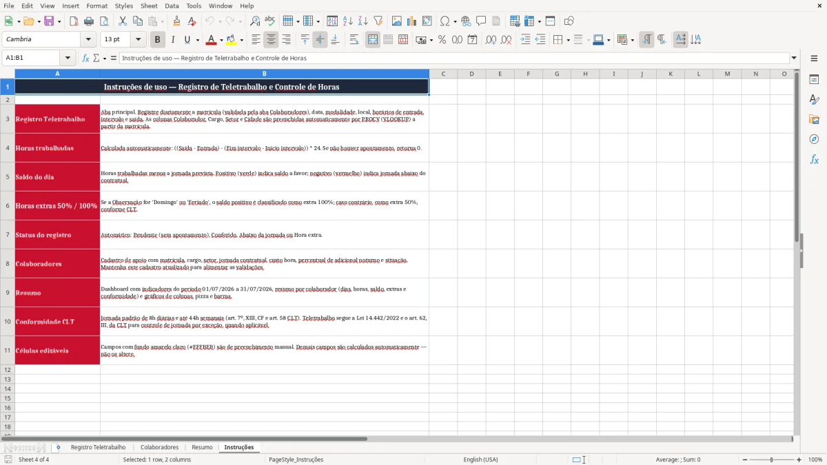 Captura 4: aba Instruções - Planilha Excel registro de teletrabalho e controle de horas excel