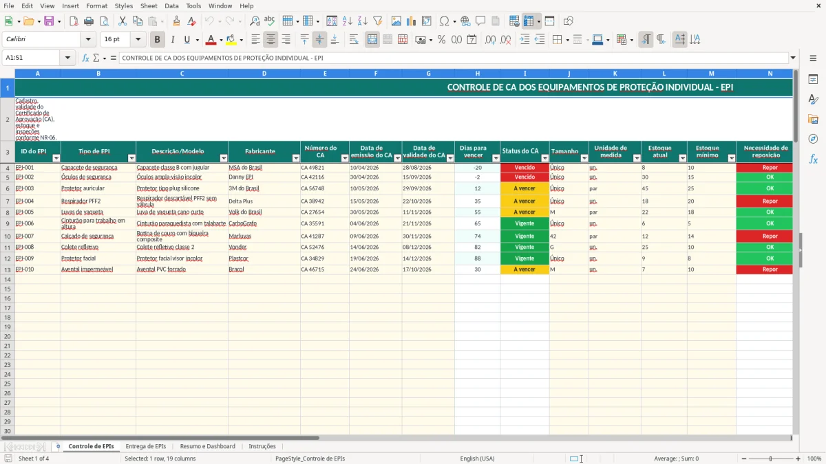 Captura 1: aba Controle de EPIs - Planilha Excel controle de ca dos epis excel