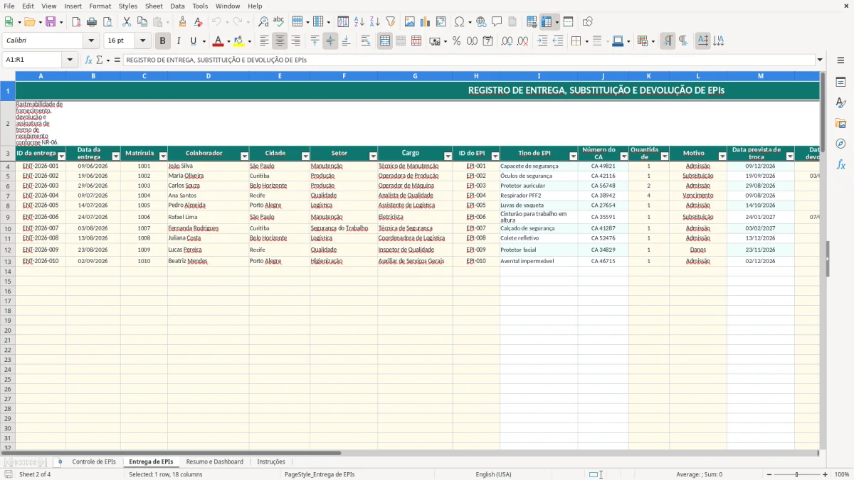 Captura 2: aba Entrega de EPIs - Planilha Excel controle de ca dos epis excel