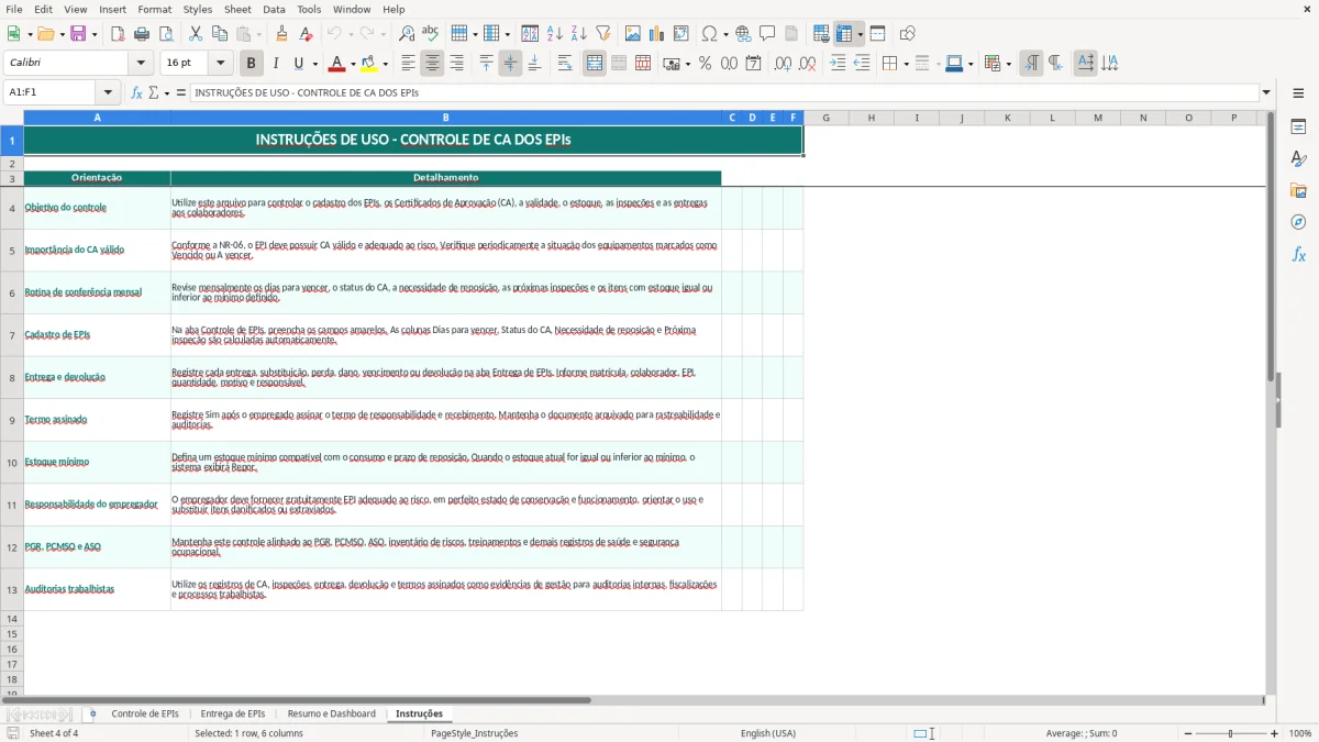 Captura 4: aba Instruções - Planilha Excel controle de ca dos epis excel