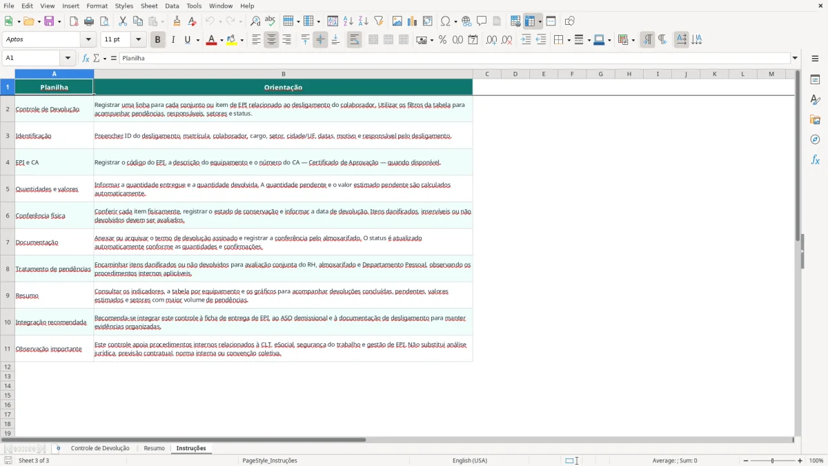 Captura 3: aba Instruções - Planilha Excel controle de devolucao de epi no desligamento excel