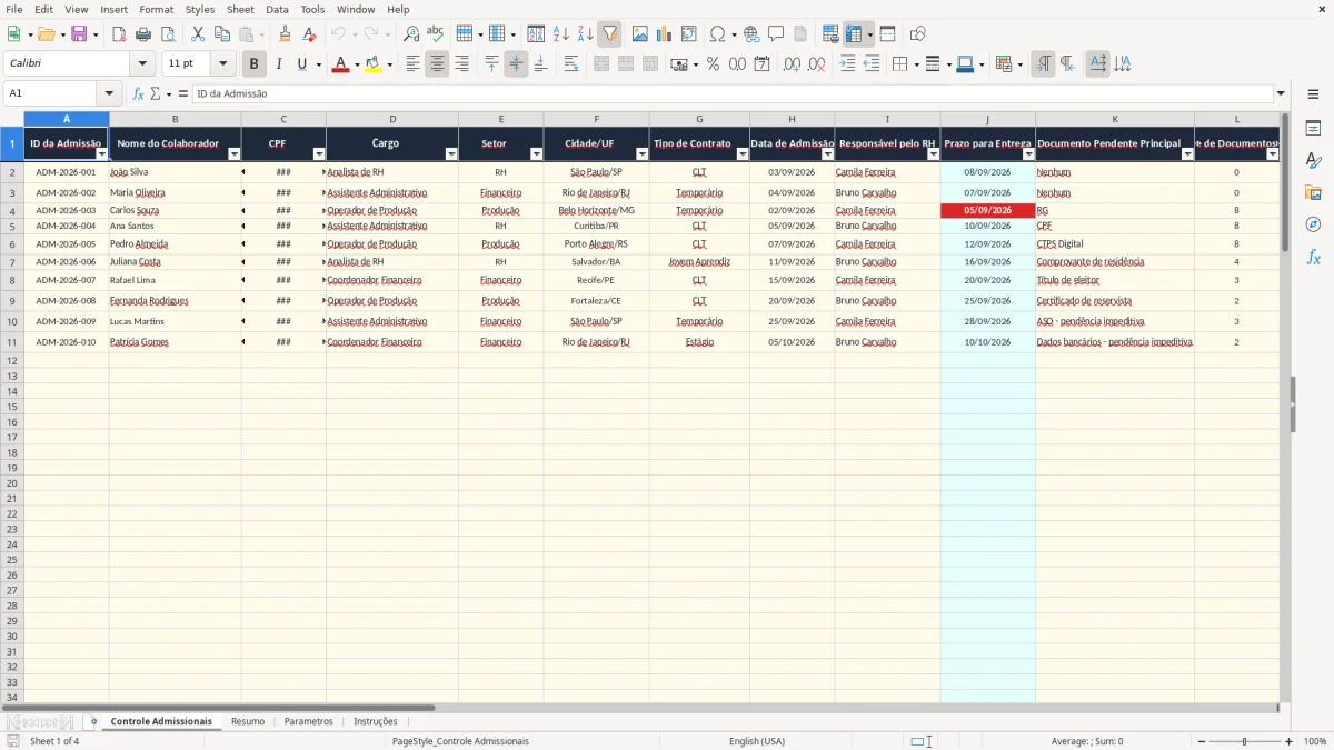 Captura 1: aba Controle Admissionais - Planilha Excel controle de documentos admissionais pendentes excel