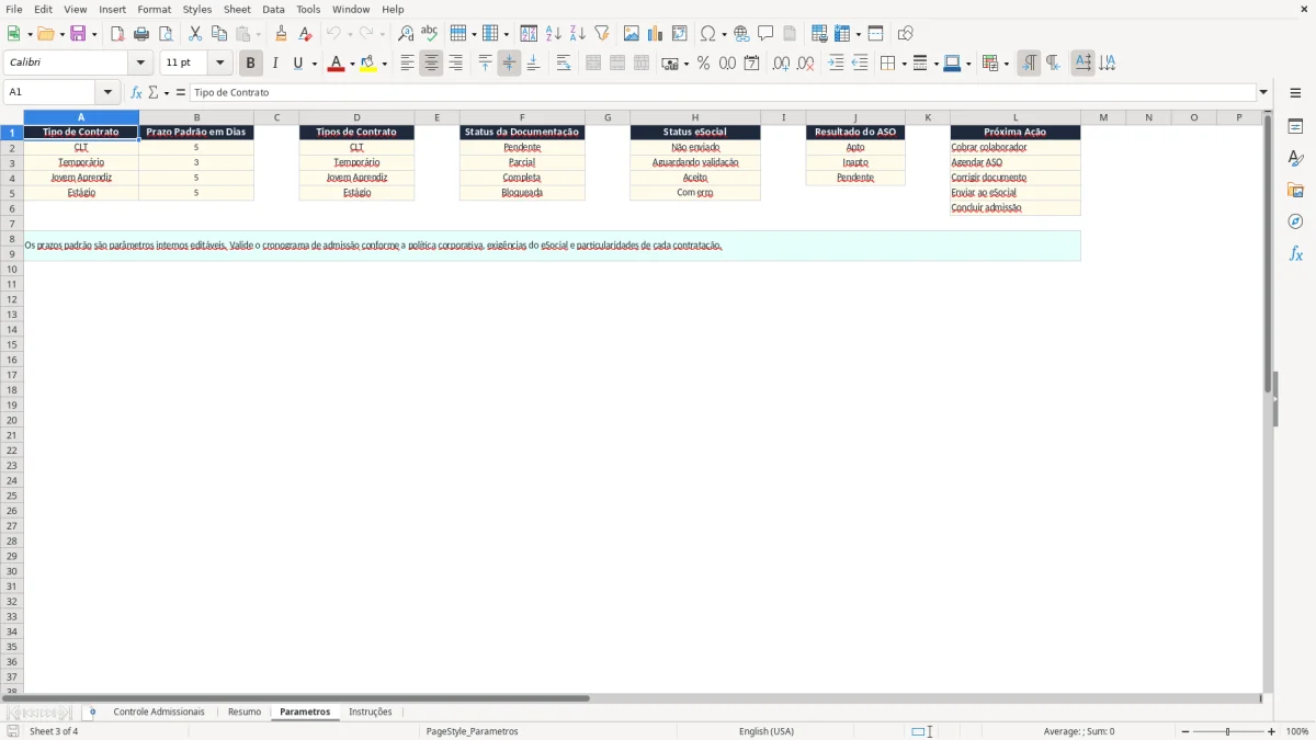 Captura 3: aba Parametros - Planilha Excel controle de documentos admissionais pendentes excel
