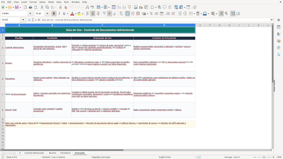 Captura 4: aba Instruções - Planilha Excel controle de documentos admissionais pendentes excel