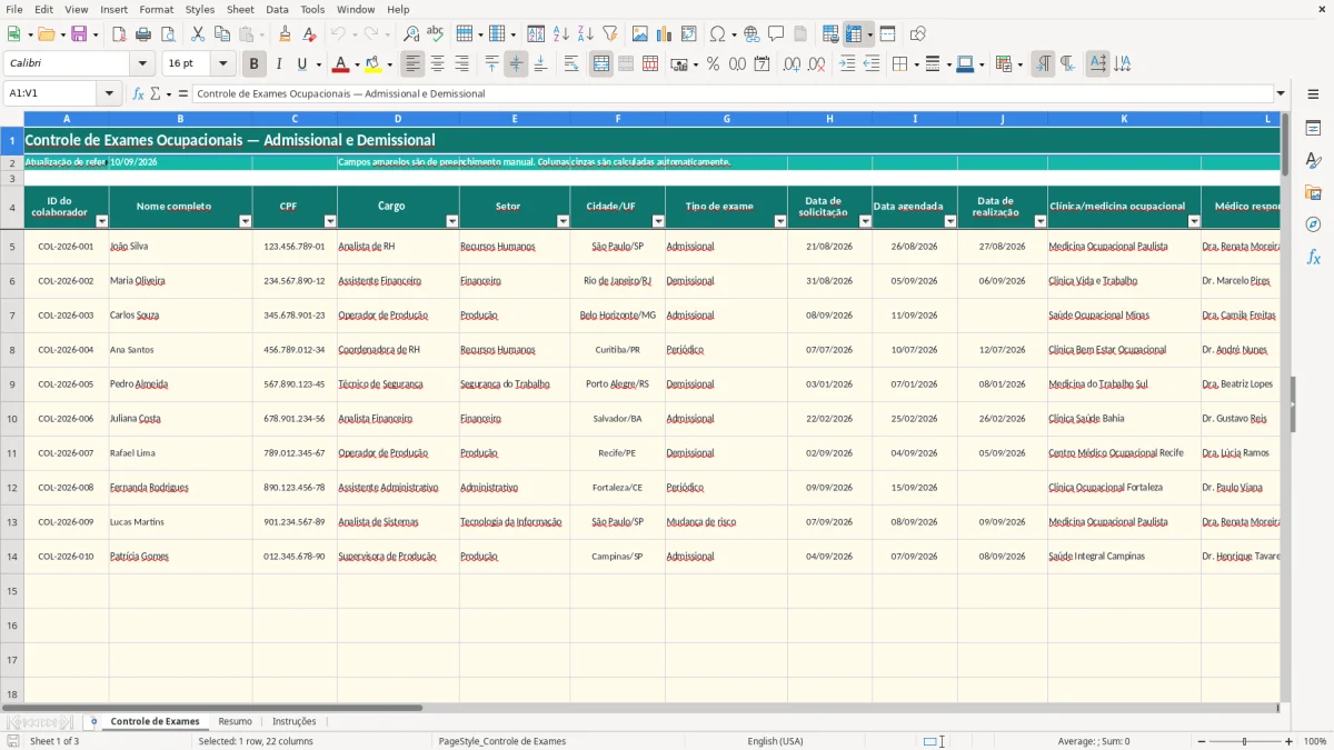 Captura 1: aba Controle de Exames - Planilha Excel controle de exame admissional e demissional excel