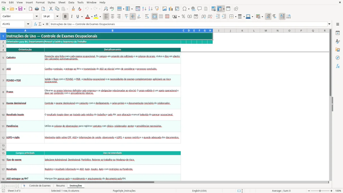 Captura 3: aba Instruções - Planilha Excel controle de exame admissional e demissional excel