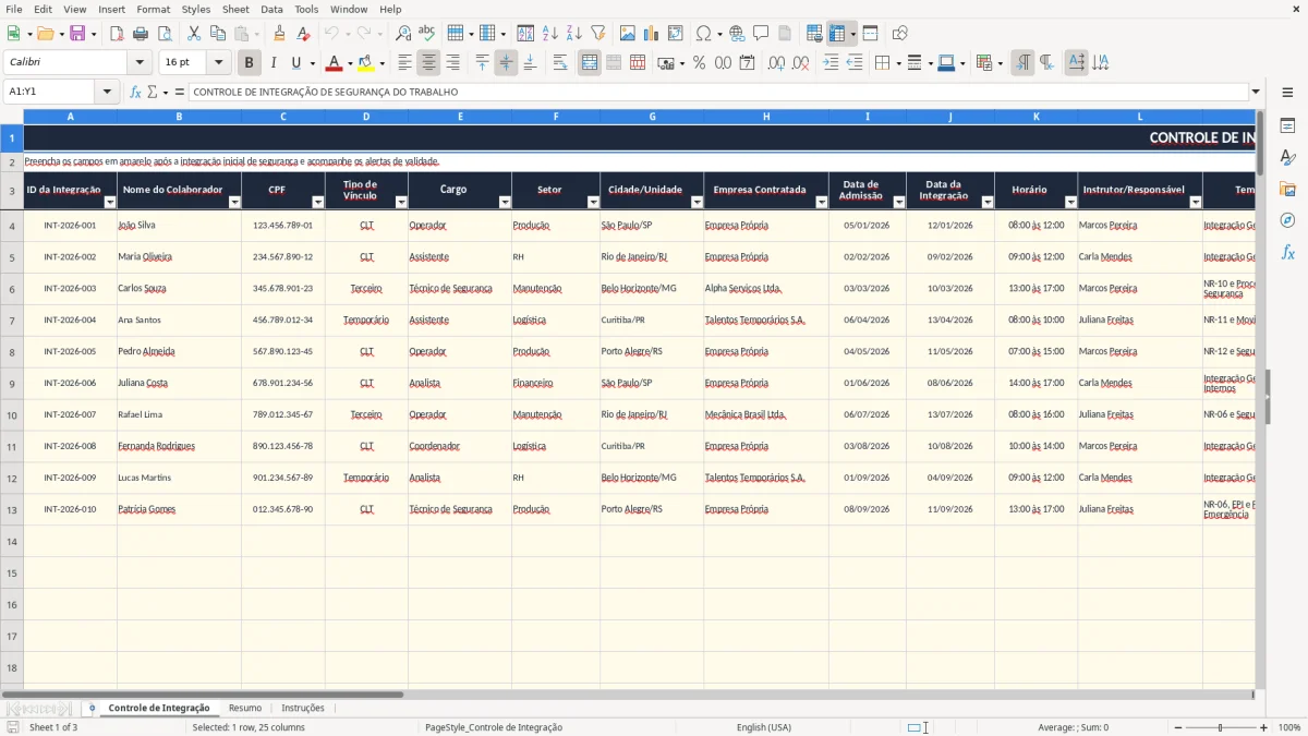 Captura 1: aba Controle de Integração - Planilha Excel controle de integracao de seguranca do trabalho excel