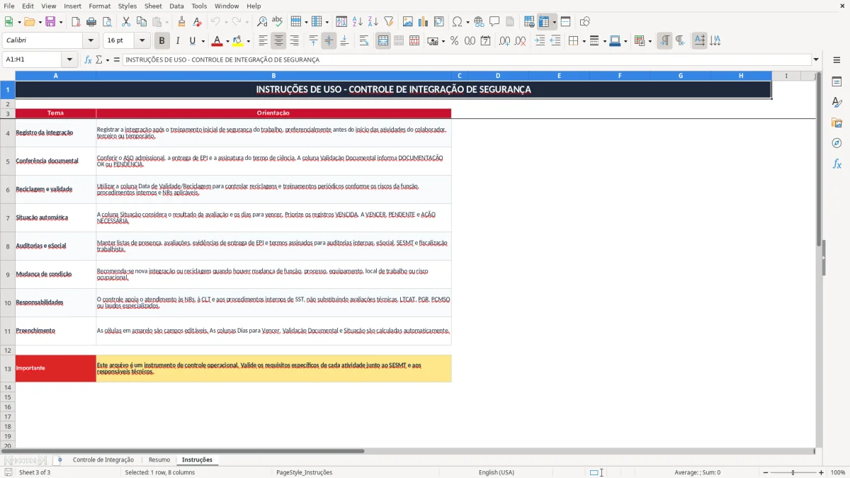 Captura 3: aba Instruções - Planilha Excel controle de integracao de seguranca do trabalho excel