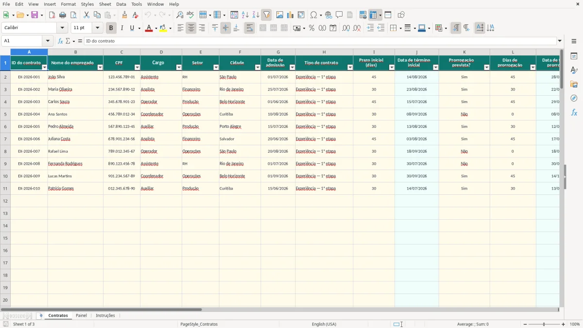 Captura 1: aba Contratos - Planilha Excel controle de prorrogacao de contrato de experiencia excel