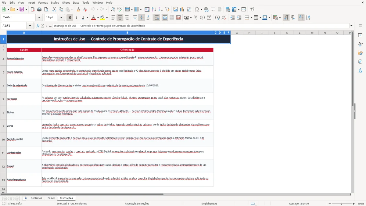 Captura 3: aba Instruções - Planilha Excel controle de prorrogacao de contrato de experiencia excel