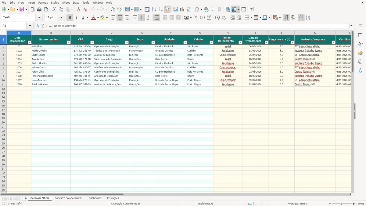 Captura 1: aba Controle NR-35 - Planilha Excel controle de reciclagem de nr 35 excel