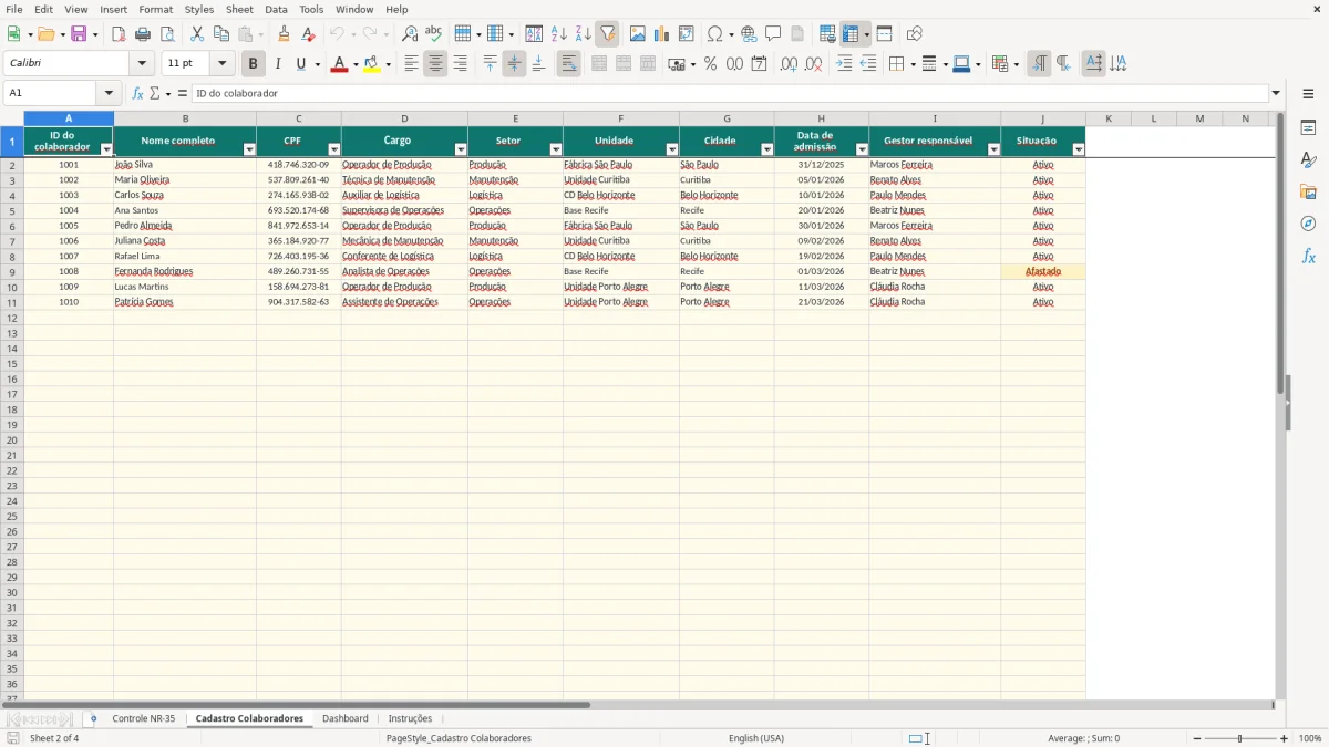 Captura 2: aba Cadastro Colaboradores - Planilha Excel controle de reciclagem de nr 35 excel