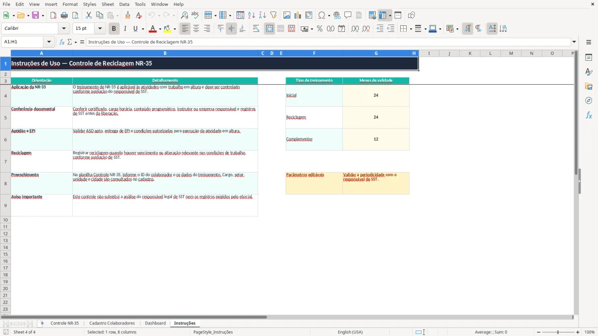 Captura 4: aba Instruções - Planilha Excel controle de reciclagem de nr 35 excel