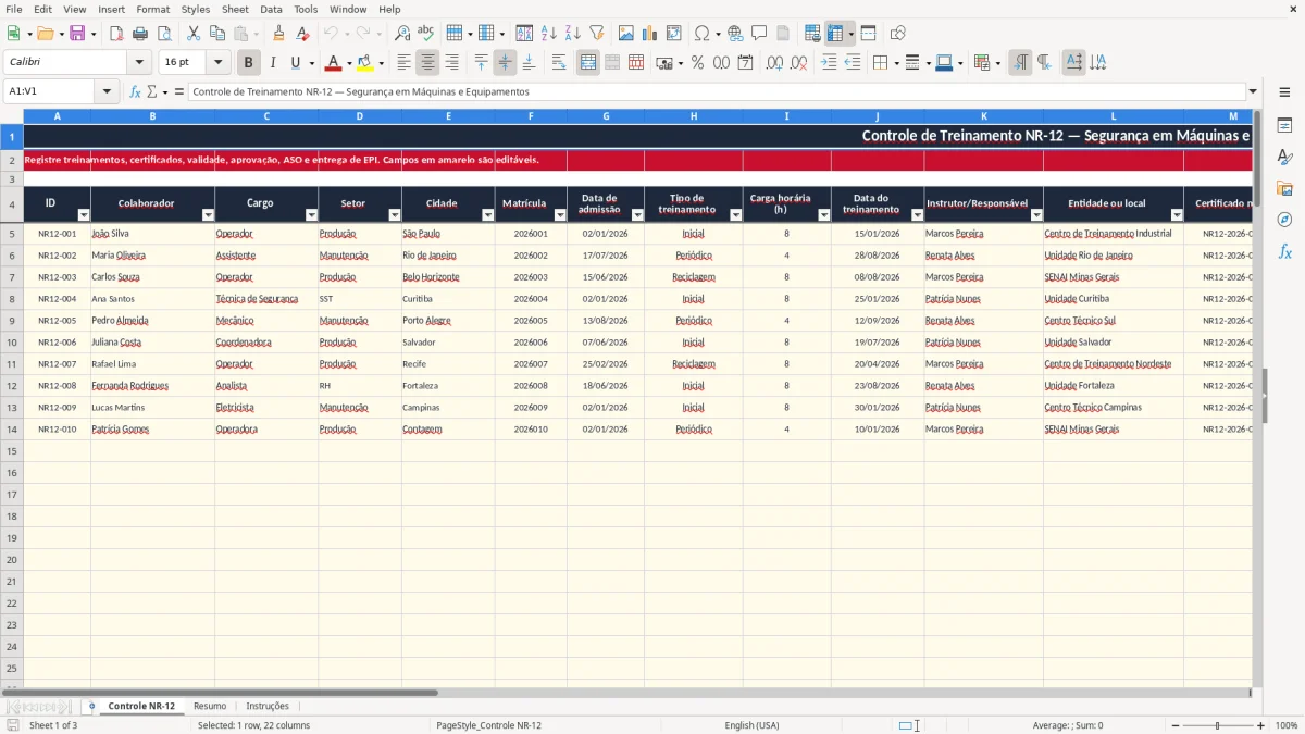 Captura 1: aba Controle NR-12 - Planilha Excel controle de treinamento de nr 12 excel
