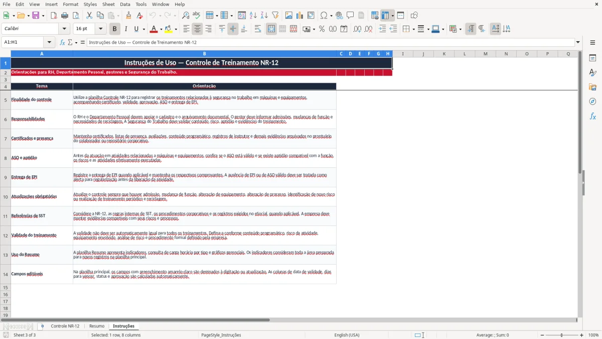 Captura 3: aba Instruções - Planilha Excel controle de treinamento de nr 12 excel