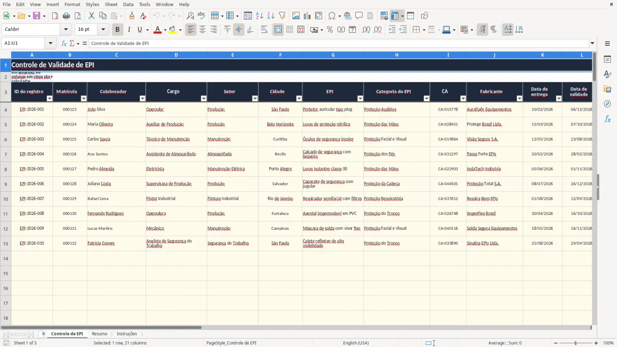 Captura 1: aba Controle de EPI - Planilha Excel controle de validade de epi excel