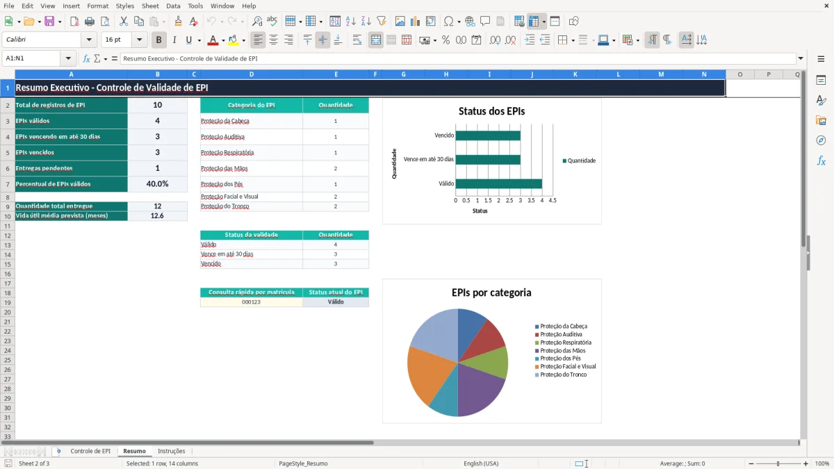 Captura 2: aba Resumo - Planilha Excel controle de validade de epi excel