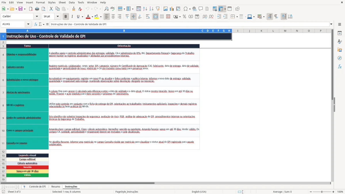 Captura 3: aba Instruções - Planilha Excel controle de validade de epi excel